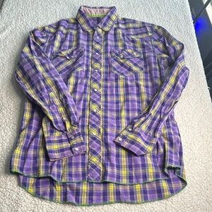 Purple and Yellow Plaid Pearl Button Up Men's Casual Shirt